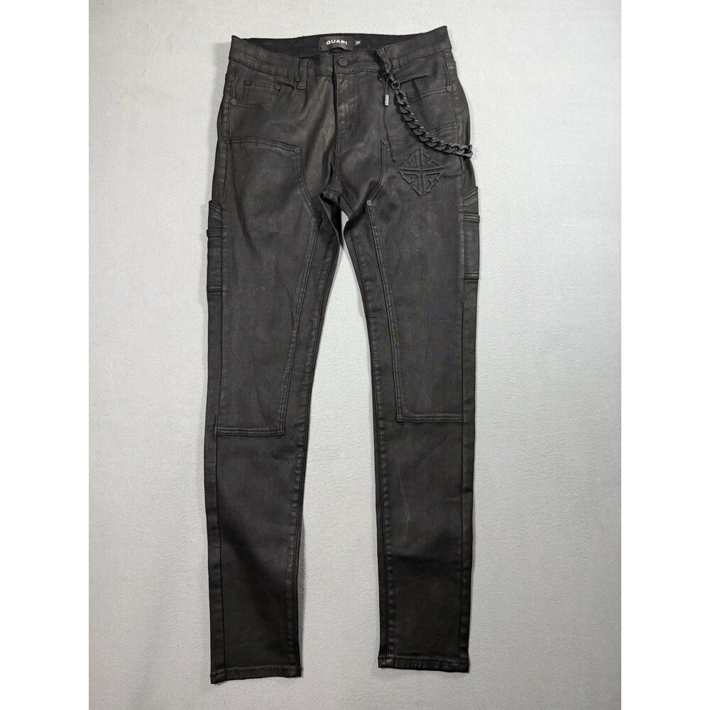 GUAPI Mens 34 Black Waxed Coated Denim Jeans Cross Logo Chain Carpenter Skinny